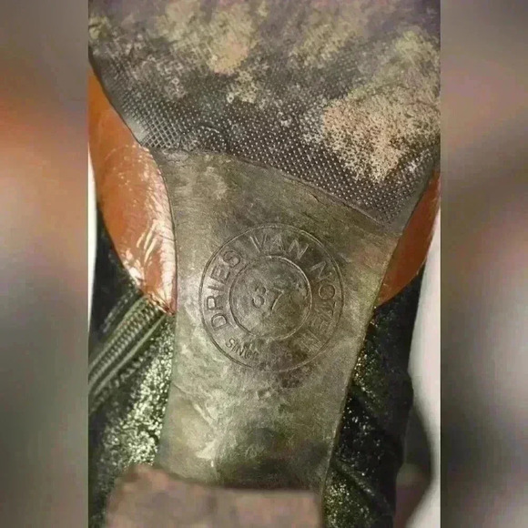 DRIES VAN NOTEN Emerald Green Distressed Metallic Leather Mid Calf Boots 9US - Picture 9 of 9